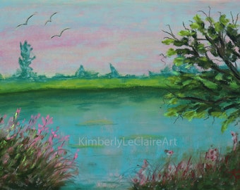 9x6 Original pastel bright pink clouds, hand painted, fine art, landscape, small artwork, pond, sunset, birds, wall art, pink flowers, art