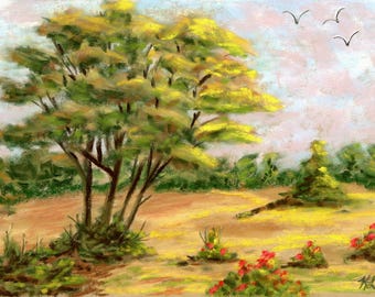 Dipinto originale di paesaggio a pastello: luce del mattino, fiori rosa (9,5x7)