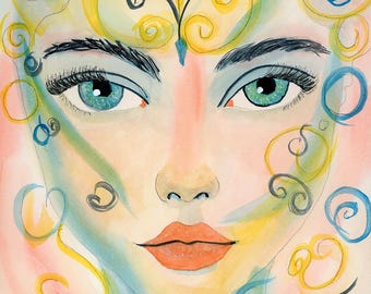 Original Watercolor Portrait on Claybord Panel | Abstract Woman Painting | "Joy in the Journey" 8x8