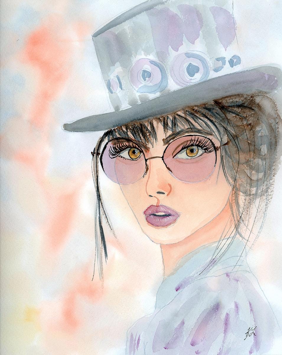 オリジナル水彩画の女性肖像画 – 眼鏡とシルクハットを身に着けた女性