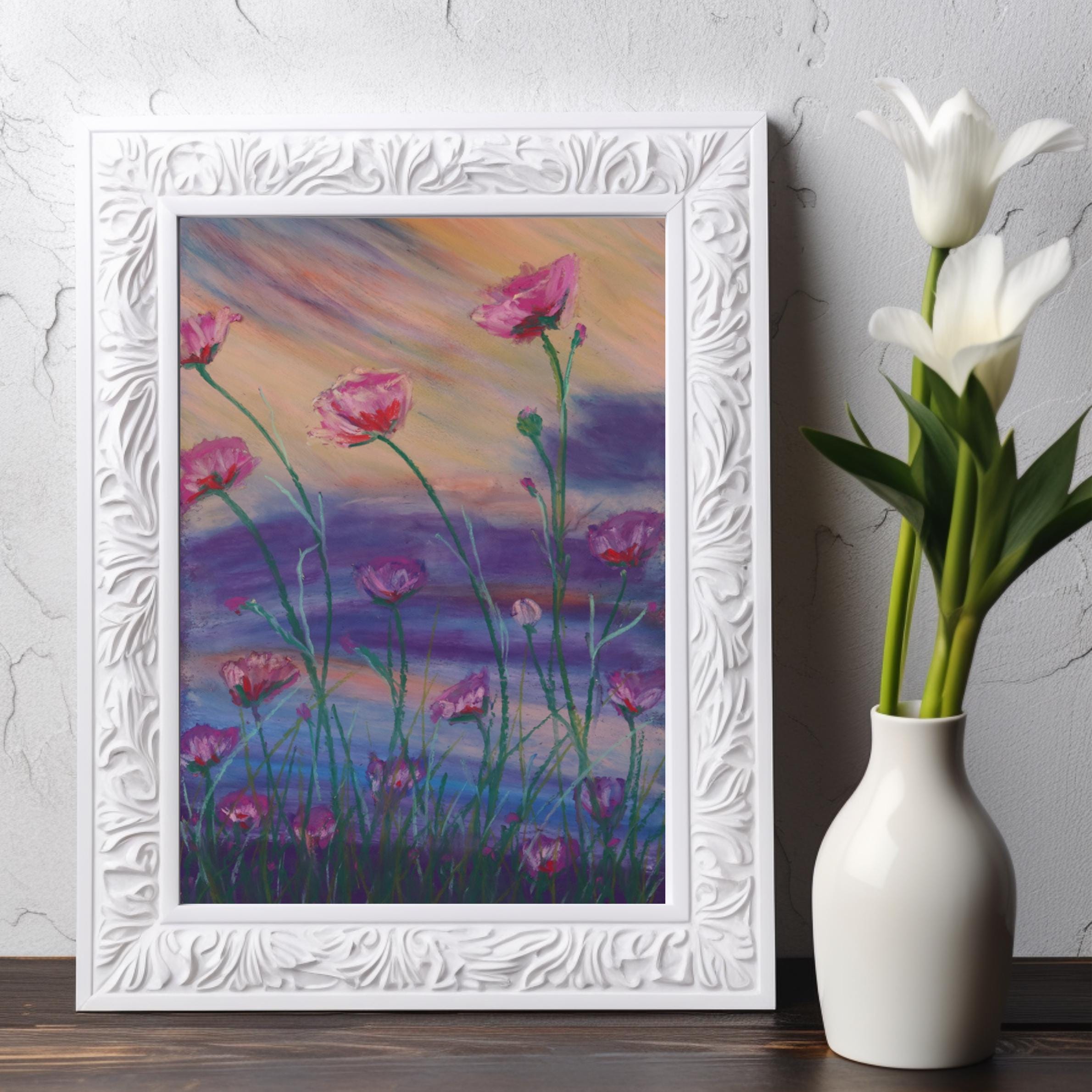 ピンクのポピーのオイルパステル画：オリジナルの花の草原アート（6x9