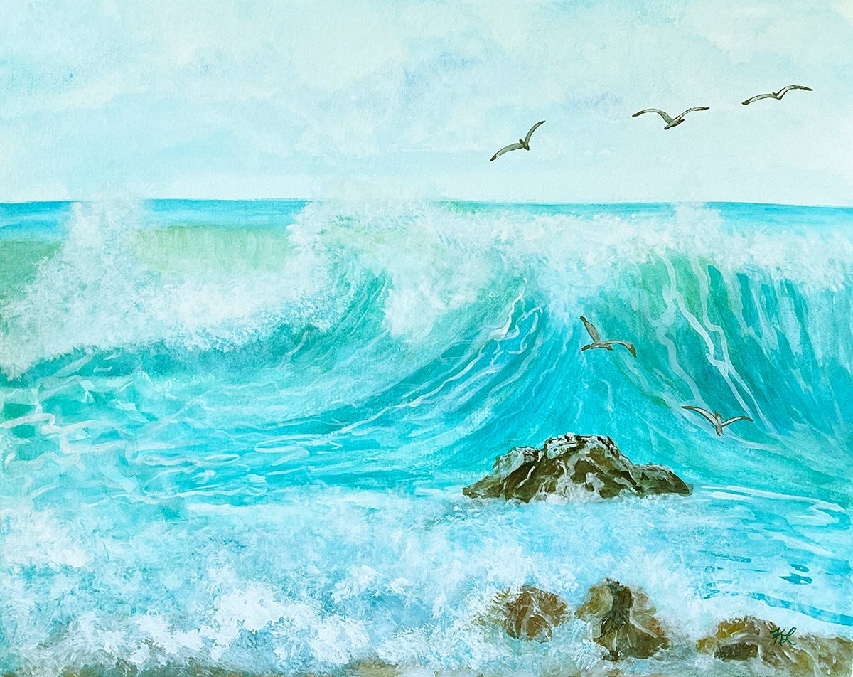 16x20 Original ocean cresting wave large gouache one of a kind hand painted turquoise bright blue beach not a print water and seagulls
