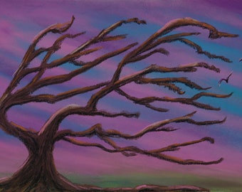 9x6 Original pastel bright pink purple and blue sky, hand painted, fine art, landscape painting, bent branches birds, sunset, peaceful art