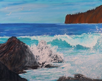 11x14 Splash Rock original pastel one of a kind hand painted seascape crashing waves seagulls rocks not a print blue green turquoise water