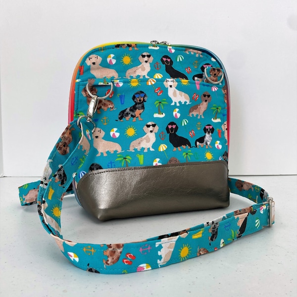 CLEARANCE SALE, Spring 2024, Cost + Shipping, Gift for Dog-Lover, Dachshunds at the Beach Crossbody Bag, Doxies on Teal, Many Pockets