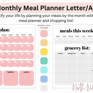 Monthly Meal Planner with Grocery List, Monthly Menu Printable, Grocery List, Meal Planning Calendar, Month Printable