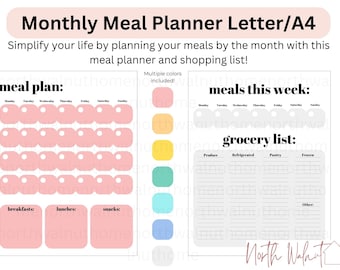 Monthly Meal Planner with Grocery List, Monthly Menu Printable, Grocery List, Meal Planning Calendar, Month Printable