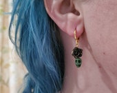 Goth Rose Skull Earrings calaveras black gold green, huggie hoops, day of the dead, sugar skulls dia de los muertos, punk goth TAACO