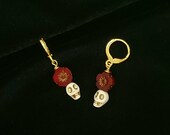 Petite Goth Skull Earrings white red burgundy gold, Czech glass flower, jewelry day of the dead sugar skulls dia de los muertos TAACO