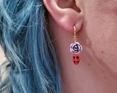 Red Skull Rose Tattoo Earrings dainty dangle purple white gold, goth punk jewelry, day of the dead sugar skulls dia de los muertos TAACO