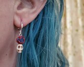 Tattoo Rose Skull Earrings white red blue, huggie hoop, day of the dead sugar skulls dia de los muertos jewelry tattoo TAACO