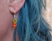 Small Flower Skull dangle Earrings Orange green pink silver huggie hoop, day of the dead sugar skulls dia de los muertos jewelry TAACO