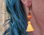 Tassel Skull Earrings calaveras orange neon tassel, day of the dead, sugar skulls dia de los muertos jewelry punk goth tattoo TAACO