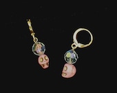 Pink Crystal Skull Earrings gold, repurposed vintage crystal, day of the dead sugar skulls dia de los muertos earrings huggie hoop TAACO