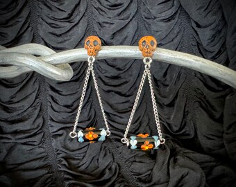 Orange Flower Skull Earrings / Halloween punk goth black orange jewelry gothic TAACO