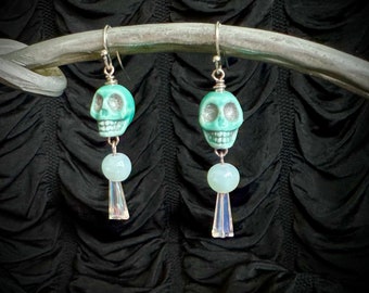 Teal Skull Earrings / Halloween punk goth victorian blue aqua crystal jewelry gothic TAACO