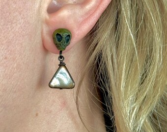Alien sci-fi Earrings / mini UFO skull Halloween green shell outer space monster jewelry TAACO