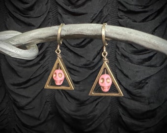 Skull Triangle Earrings / Halloween punk goth pink bronze jewelry gothic TAACO