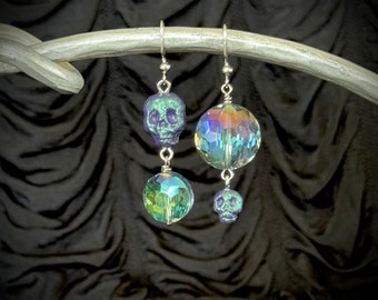 Iridescent Skull Earrings / Halloween punk goth victorian blue rainbow crystal jewelry gothic TAACO