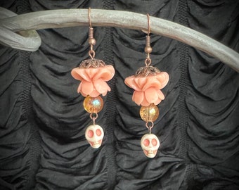 Skull Earrings / Halloween punk pastel goth victorian peach pink jewelry gothic TAACO
