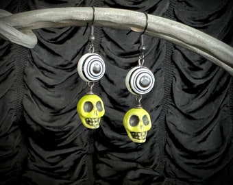 Chartreuse Skull Earrings / Halloween punk goth lime green black and white jewelry gothic TAACO