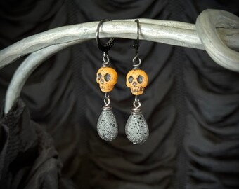 Skull Earrings / Halloween punk goth victorian black orange jewelry gothic TAACO