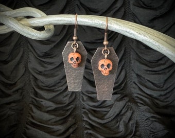 Skull Coffin Earrings / Halloween punk goth black orange hammered bronze jewelry gothic TAACO