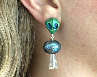 Alien sci-fi Earrings / UFO skull Halloween blue green iridescent crystal outer space jewelry TAACO