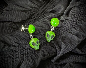Alien neon sci-fi Earrings / mini UFO skull Halloween green outer space jewelry