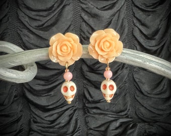 Pastel Skull Earrings / Halloween punk pastel goth victorian orange peach pink rose jewelry gothic TAACO