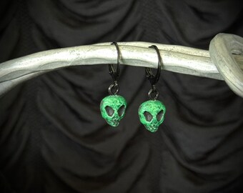 Alien sci-fi Earrings / mini UFO skull Halloween green outer space jewelry TAACO