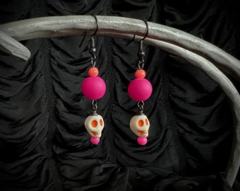 Neon Skull Earrings / Halloween punk goth pink orange fluorescent jewelry gothic TAACO