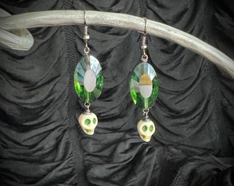 Skull Earrings / Halloween punk goth victorian green crystal jewelry gothic TAACO