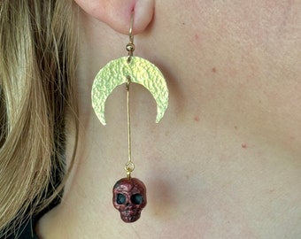 Brass Skull Earrings / Halloween punk goth red hammered brass crescent moon jewelry d&d horror monster gothic TAACO