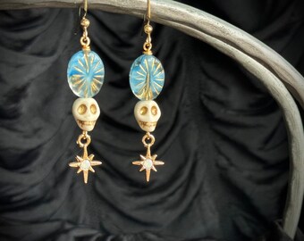 Celestial Skull Earrings / Halloween punk goth blue gold brass star jewelry gothic TAACO
