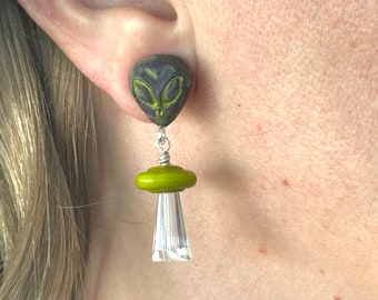 Alien sci-fi Earrings / UFO skull Halloween green outer space jewelry TAACO