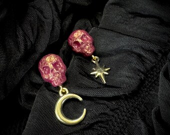 Celestial Skull Earrings / Halloween punk goth red burgundy gold moon star jewelry gothic TAACO