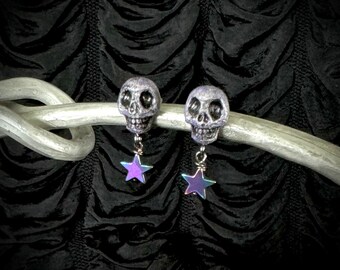 Skull star Earrings / Halloween punk goth purple rainbow jewelry gothic TAACO