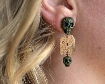 Tombstone Earrings / Halloween horror cemetery skull punk goth green hammered bronze RIP horror monster jewelry gothic TAACO