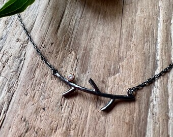 Oxidized silver twig necklace with 18k gold