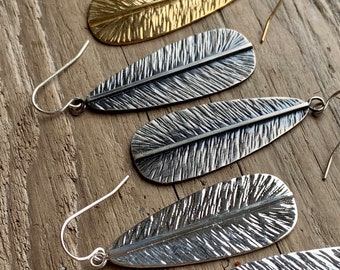 Medium feather earrings: 14k gold plated sterling silver, high polished silver, oxidized silver.