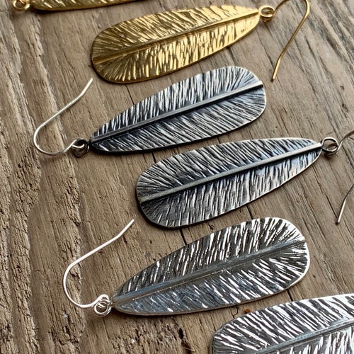 Made to order Medium feather earrings: shops 14k gold plated sterling silver, high polished silver, oxidized silver.
