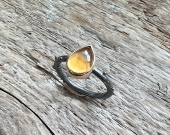Citrine twig ring in oxidized silver and 14k gold