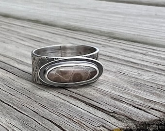 Sand textured Petoskey ring in oxidized silver