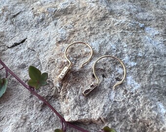 Mini hammered bar hoop dangles, 14k gold plated sterling silver.