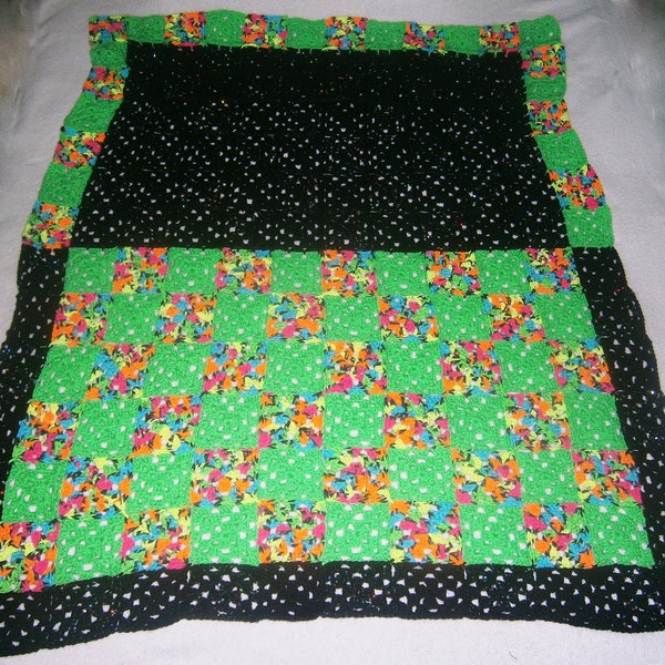 handmade crochet Neon Green, multicolored Blue, Yellow, Orange, & Pink Granny Square inversed black w/ sequins blanket/throw - READY TO SHIP