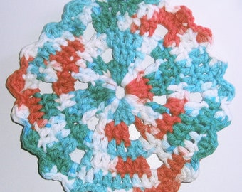 handmade crochet cotton orange, white, blue, & green round circular coaster - READY TO SHIP
