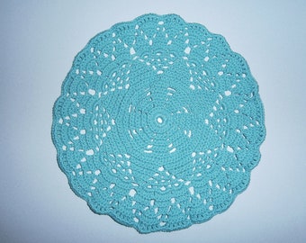 handmade crochet cotton round teal doily - READY TO SHIP
