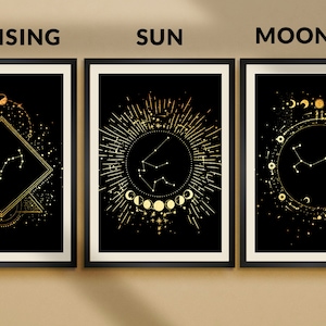 Personalized Zodiac Constellation Trio Art Print • Sun Moon Rising Foil Poster • Couple Astrology Sign • Metallic or Holographic Foil