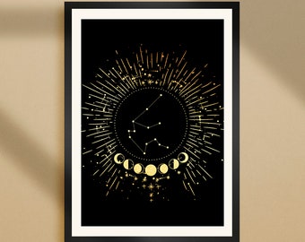 Custom Sun Foil Zodiac Constellation Print • Astrology Art Print • Multiple Sizes Available • Printed with Foil (Gold/Silver/Champagne)